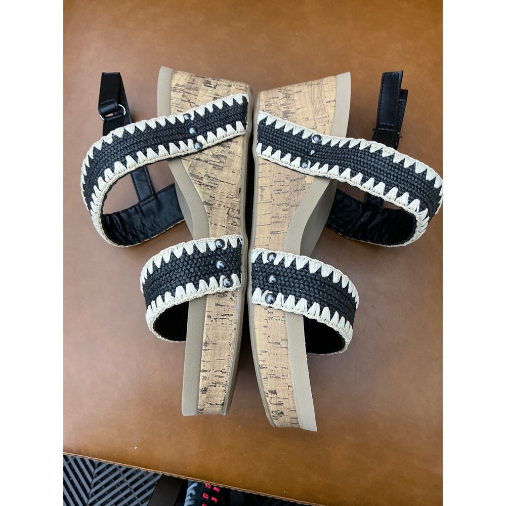 Pop Kabilyn Wedge Sandals Women's 11 Black Woven Cork Strappy Whipstitch - Picture 3 of 9